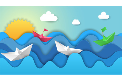 Paper boats on dawn. Origami sunrise, regatta in ocean waves. Colorful