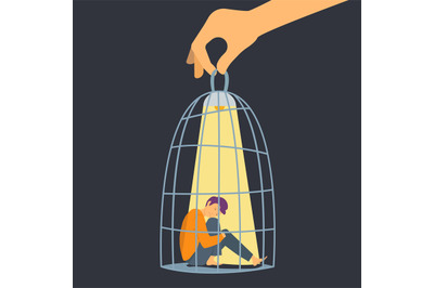 People in cage. Depressed man, hand holding cell with sad boy and lamp