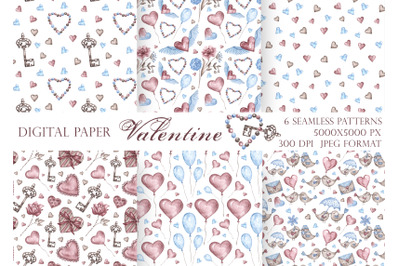 Valentine&#039;s day watercolor seamless pattern. Heart, vintage key. Love.