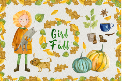 Girl in Fall Watercolor Clip Art Set