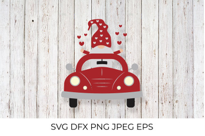 Valentines red retro car and cute gnome