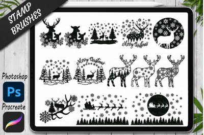 Deer Stamps Brushes for Photoshop and Procreate.Christmas Scene with D