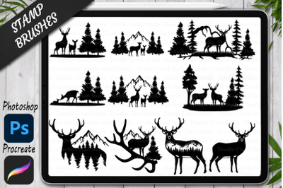 Deer and Mountains Stamp Brushes for Photoshop and Procreate