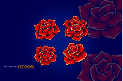 Rose Set Red Flowers Illustrations