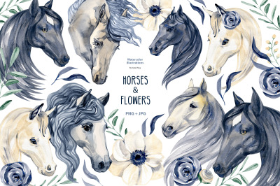 Watercolor horses and flowers clipart