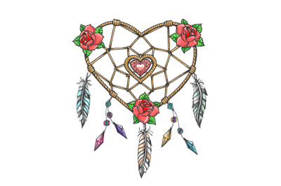 Heart Shaped Dream Catcher Tribal Tattoo isolated on white