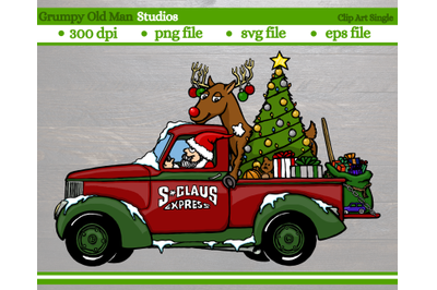cartoon christmas truck with santa and red nose reindeer