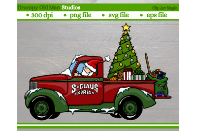 cartoon christmas truck with santa and christmas tree