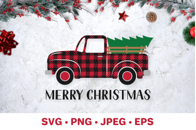 Christmas retro truck. Merry Christmas SVG. Buffalo plaid