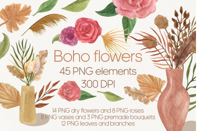 Watercolor boho dry flowers clipart
