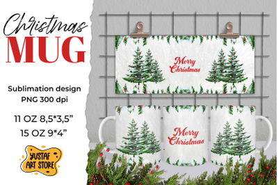 Merry Christmas mug sublimation. Christmas tree illustration