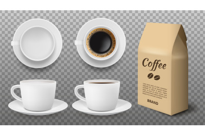 White cup mockup. Realistic blank and coffee mug&2C; arabica grains packa