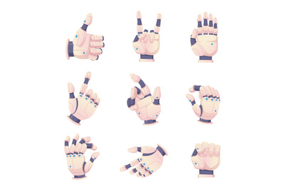 Bionic human hands. Robots gestures helping prosthesis vector set