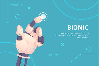 Robot hand pointing. Bionic gestures digital hand touching on screen h