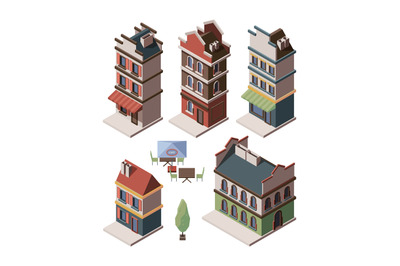 Old house isometric. Medieval buildings royal gates retro apartment an