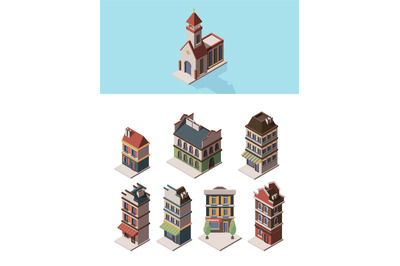 Historic buildings. Old vintage 3d houses and retro construction objec