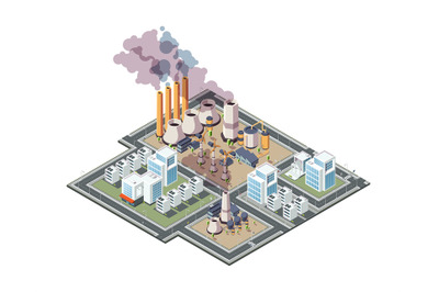 Industrial city. Urban factory pollution air garbage in city 3d low po