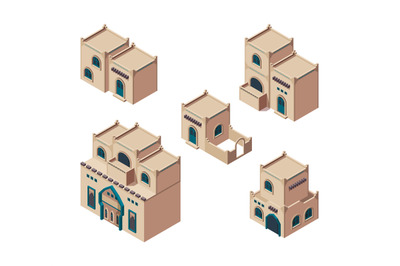 Arabic houses. Isometric sandy authentic old buildings isometric antiq