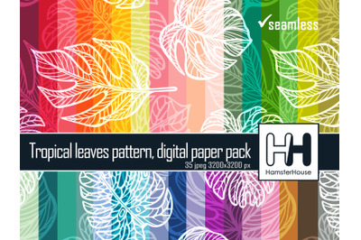 Tropical leaves pattern seamless digital papers, 35 color palette pack