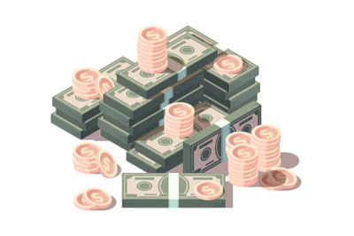 Money hills. Dollars and coins finances isometric symbols vector busin