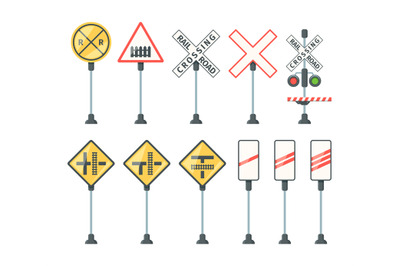 Railway signs. Train barriers traffic light specific symbols road dire