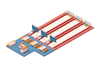 Bowling club. Isometric interior floor for bowling scoreboard indoor p