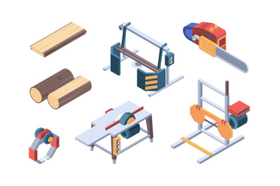 Lumber isometric. Sawmill items and workers wood workman vector isomet