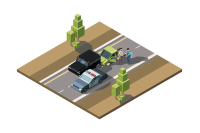 Road accident isometric. Car damaged emergency help traffic accidents