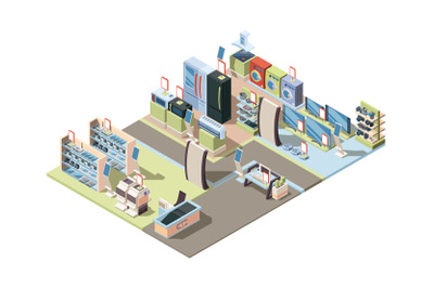 Retail electronics market. Isometric shop interior with appliances har