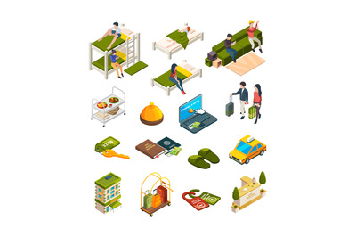 Hostel isometric. Hotel business symbols sofas hostelers travellers lu