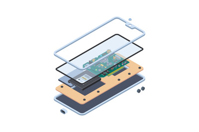 Smartphone hardware. Isometric layers of inside touch screen gadgets o