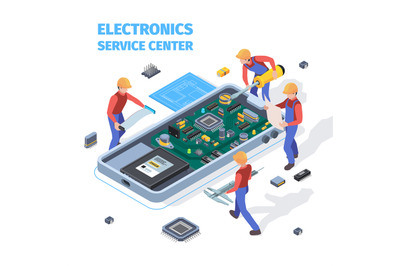 Repair service concept. People making repair at motherboard of smartph