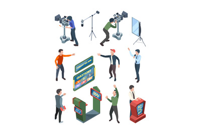 Game tv show. Question tv quiz playing participant isometric character