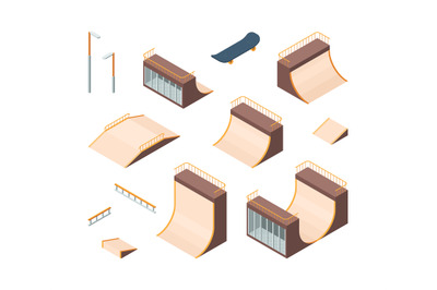 Skate park. Isometric outdoors active characters skateboarders trampol