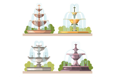 Fountains. Water beauty decorative constructions for gardens outdoor p