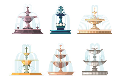 Cartoon fountains. Outdoor gardening decorative symbols nature water f