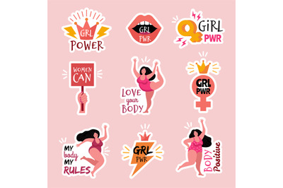 Feminist badges. Body positive power female characters girls trendy ve