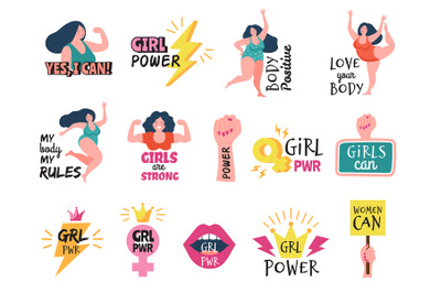 Girls badges. Feminist tags women powerful trendy sticker 80s style gi