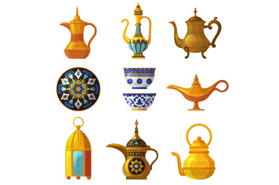 Old arabic heritage. Traditional cultural decorated pottery with logos