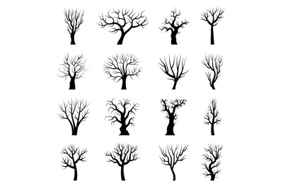 Tree silhouettes. Winter tree branches dead autumn plants trunks vecto