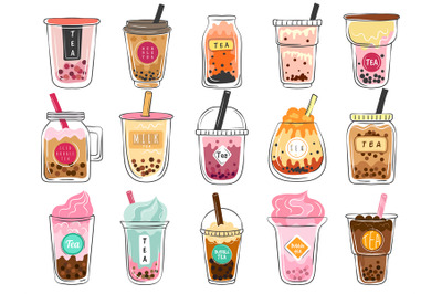 Bubble tea doodles. Dessert asian drinks in plastic cups delicious col