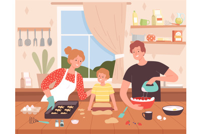 Preparing food on kitchen. Cartoon background with happy family charac