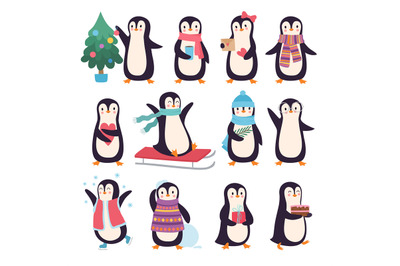 Penguins. Funny winter characters active pose little cute penguins in