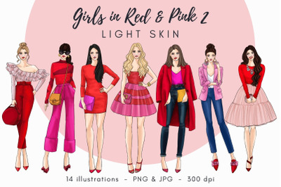 Girls in Red &amp; Pink 2 - Light Skin Watercolor Fashion Clipart