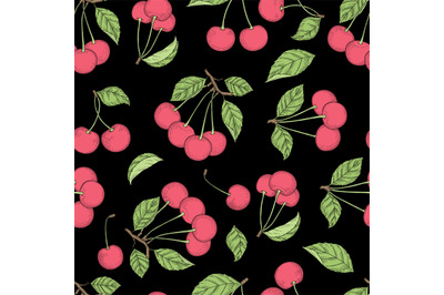 Cherry pattern. Vector seamless background with healthy fruits natural