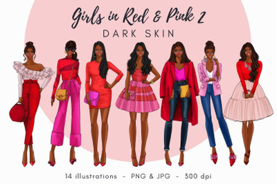 Girls in Red &amp; Pink 2 - Dark Skin Watercolor Fashion Clipart