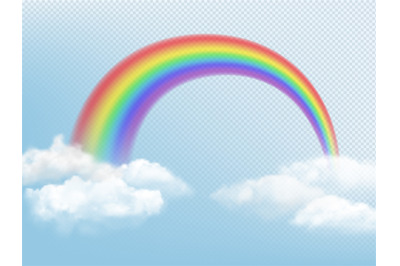 Rainbow in sky. Weather background with clouds and colored arch of rai