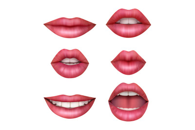 Woman realistic mouth. Beauty sexy lips happy girls vector anatomic pi