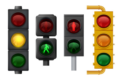 Traffic lights realistic. Urban light objects on road vector signs for