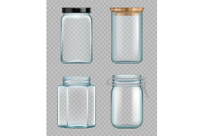 Transparent jar. Empty glass bottles liquid food containers vector rea